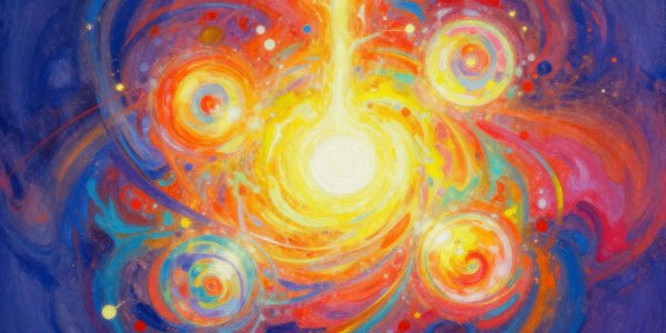 Abstract swirling energy artwork with a bright white center radiating orange, red and blue spirals