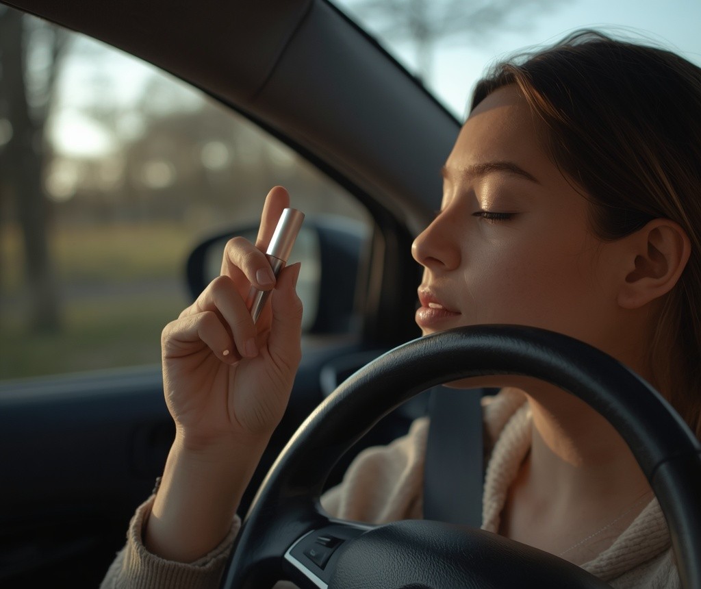 A woman sitting in a parked car holds a slim silver aromatherapy inhaler tube near her face and breathes in with her eyes closed.