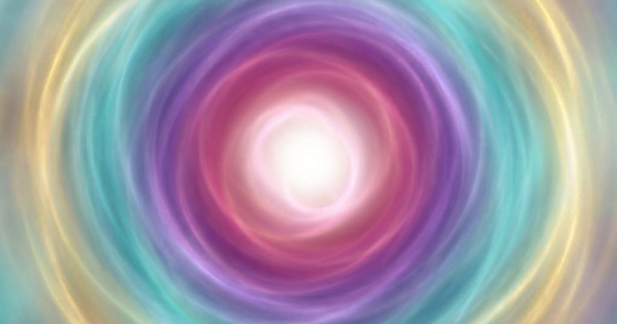 Abstract swirling light in pink, violet, teal and gold spiralling into a bright white center