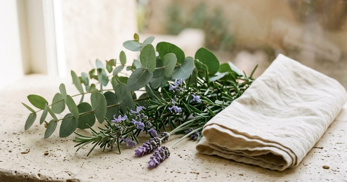 A bundle of eucalyptus and fresh lavender lying beside a folded cream linen cloth on a pale stone ledge