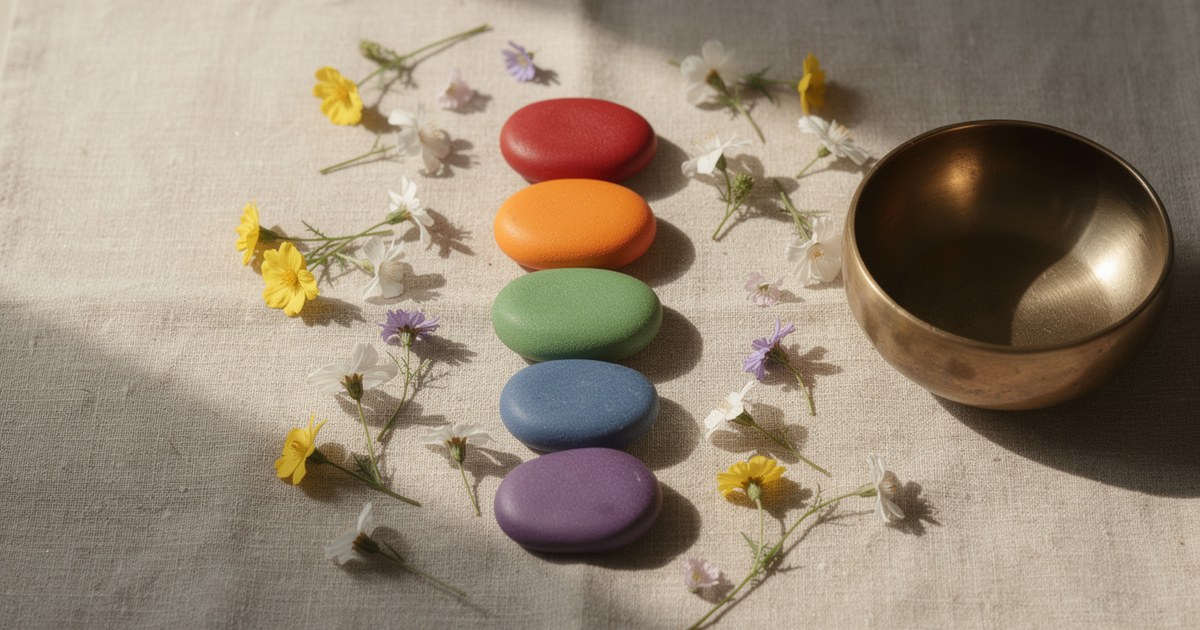 Seven small coloured stones laid in a line in chakra order on linen, with scattered wildflowers and a brass singing bowl
