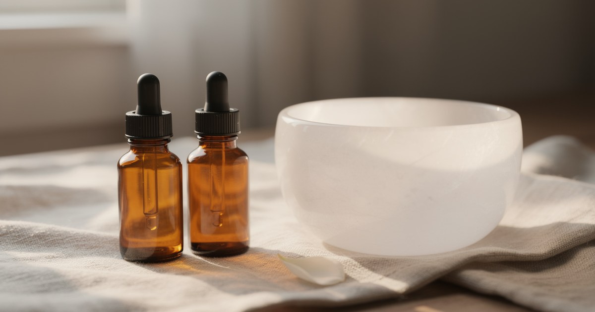Two small amber dropper bottles on a linen cloth beside a white ceramic bowl in soft light