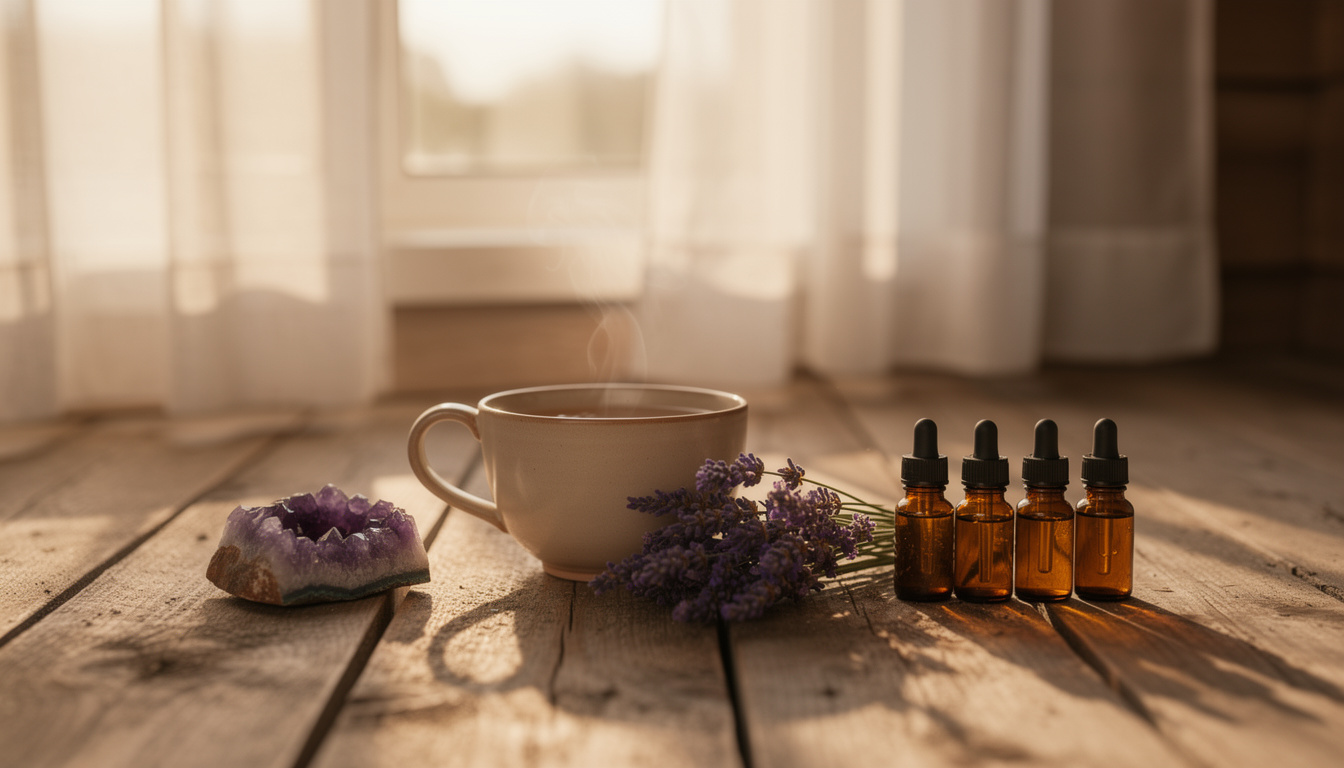 A teacup on a sunlit wooden table with a raw amethyst cluster, dried lavender and four small amber dropper bottles