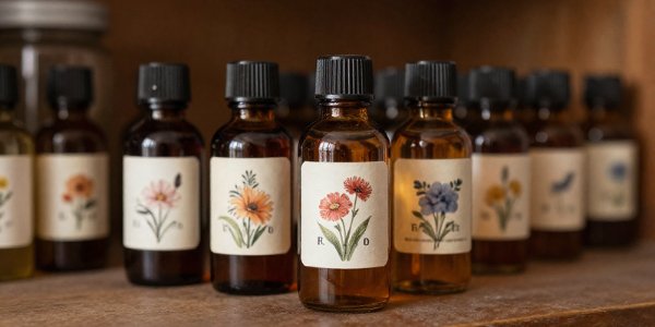 A row of amber dropper bottles with botanical flower labels standing on a wooden surface