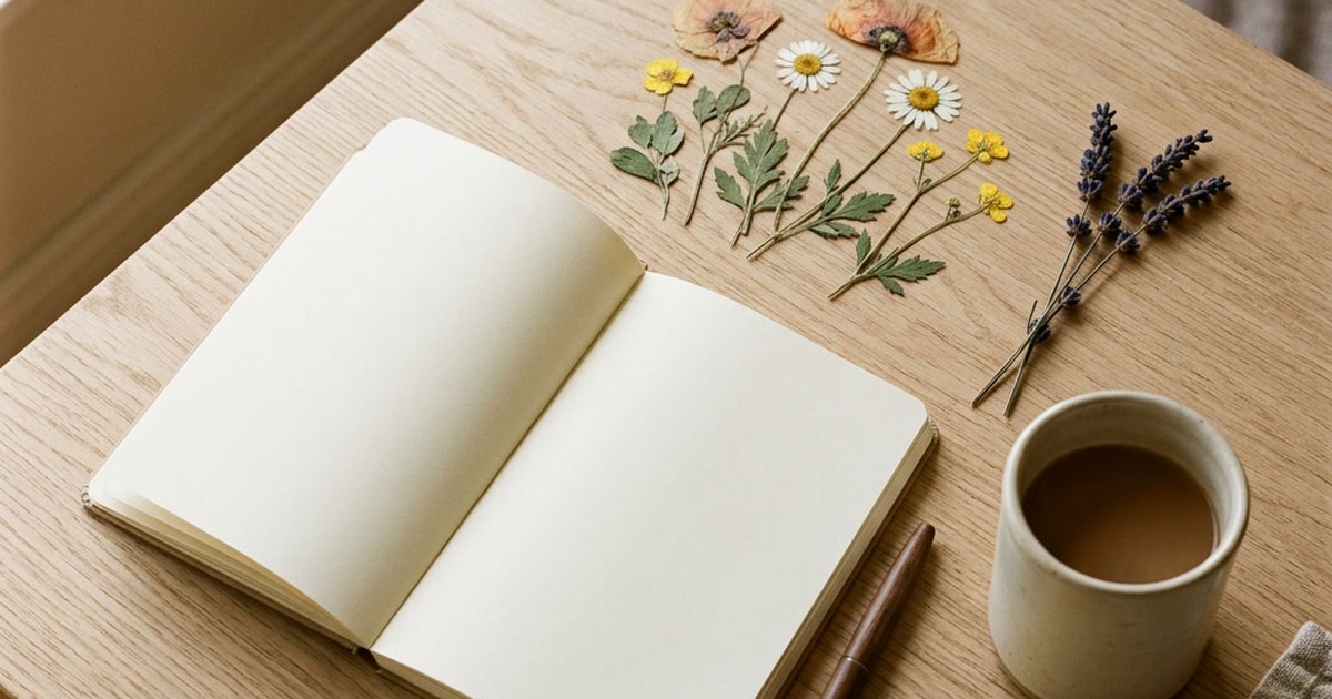 An open notebook with blank pages on a wooden table beside a mug of coffee, pressed flowers and a sprig of lavender