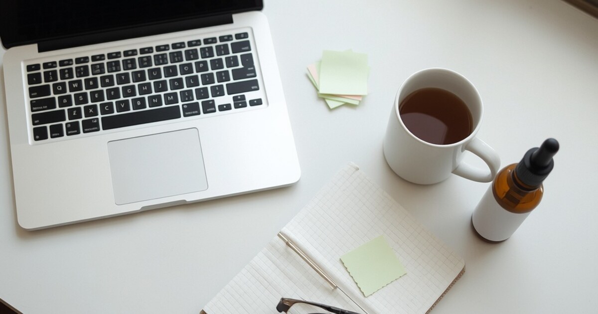 An overhead view of a white desk with an open laptop showing a blank dark screen, a stack of pastel sticky notes, a white mug of dark tea, an open grid notebook with a pen and a green sticky note, folded reading glasses, and a plain amber glass dropper bottle with a blank label.