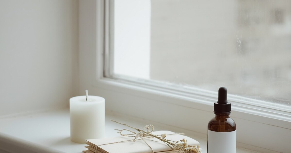 A pale windowsill in soft daylight holding a white pillar candle, a stack of cream envelopes tied with twine and a sprig of dried flowers, beside a plain amber glass dropper bottle with a blank label, with generous empty space around them.