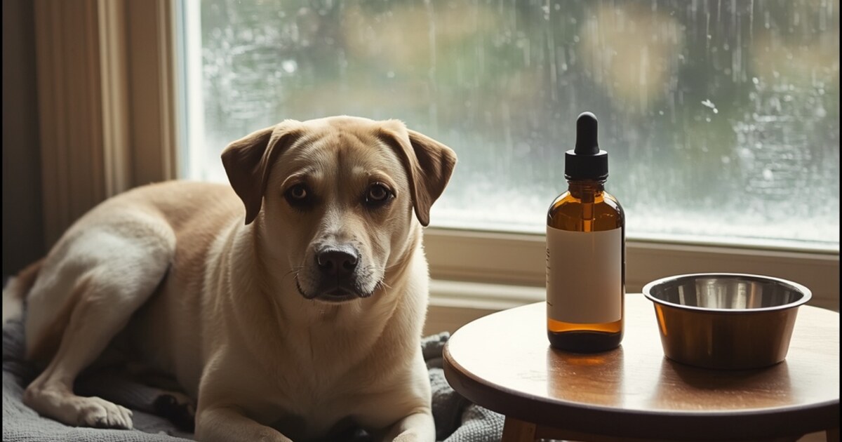 A calm short-haired tan dog lies on a folded gray blanket beside a round wooden side table holding a plain amber glass dropper bottle with a blank label and a shallow metal water bowl, with rain running down the window behind them.