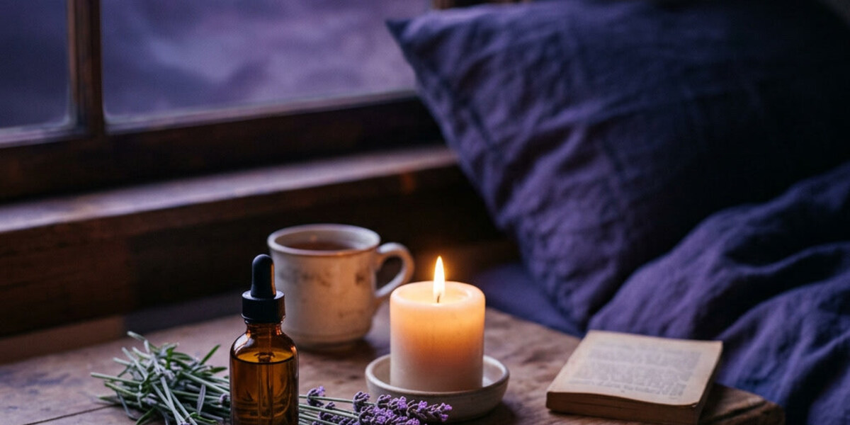 An amber dropper bottle and a lit candle on a bedside surface beside a mug, lavender sprigs and an open book, with deep blue bedding behind