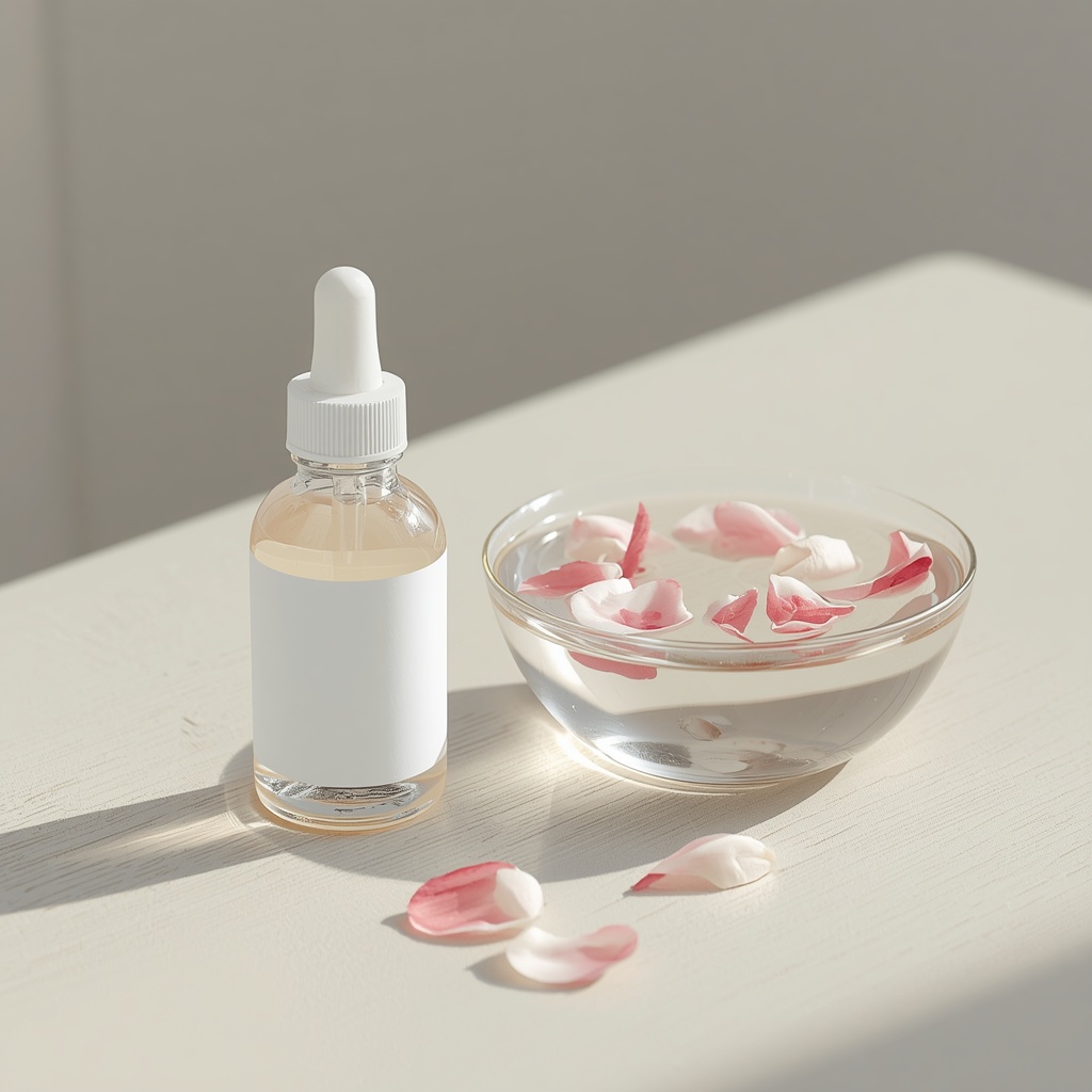A clear glass dropper bottle with a blank white label stands beside a glass bowl of water with pink and white petals floating on the surface in soft daylight.