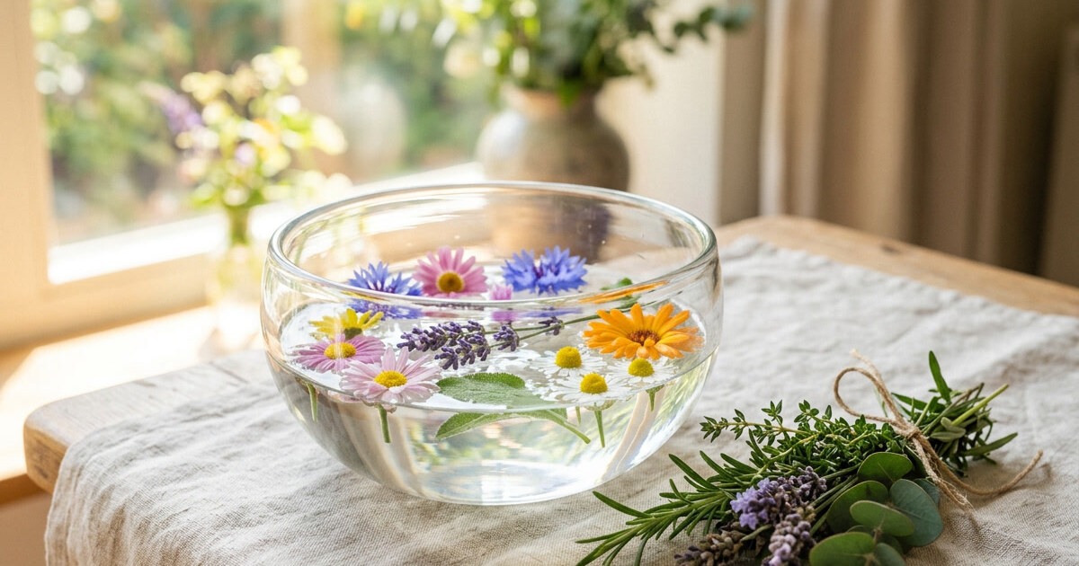 A clear glass bowl of water holding floating flower heads on a linen cloth by a bright window, with a tied herb bundle beside it