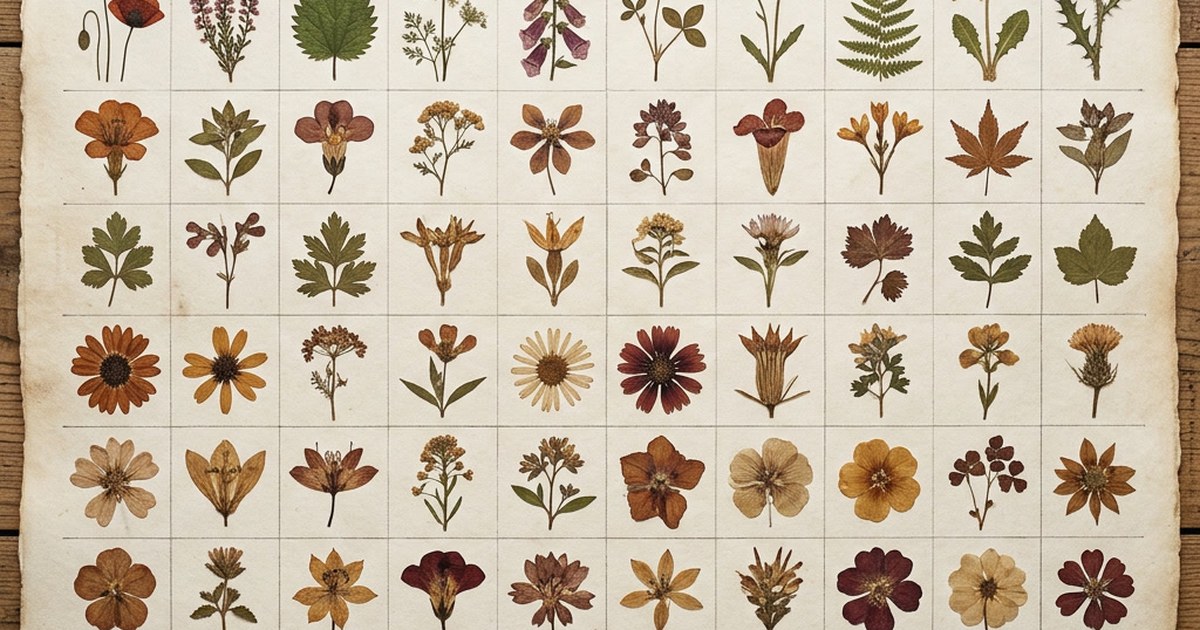 A grid of pressed and dried flowers and leaves arranged in labelled squares on aged paper, like a botanical specimen sheet