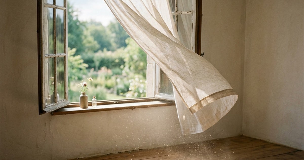 An open window with a sheer white curtain lifting in the breeze, looking out onto green trees, with small bottles on the sill