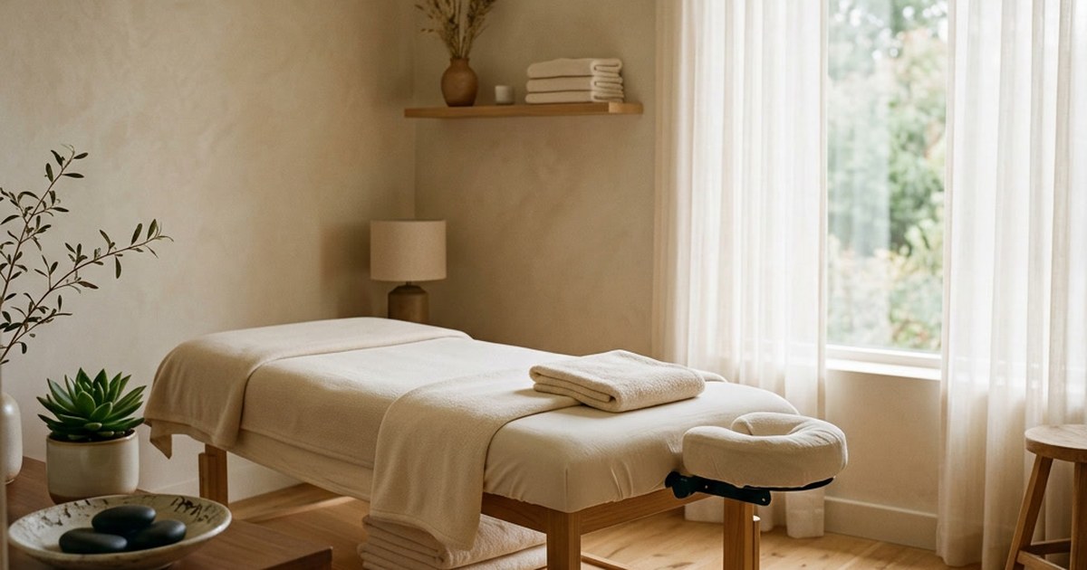 A calm treatment room with a massage table, folded towels, a plant and a lamp beside tall bright windows