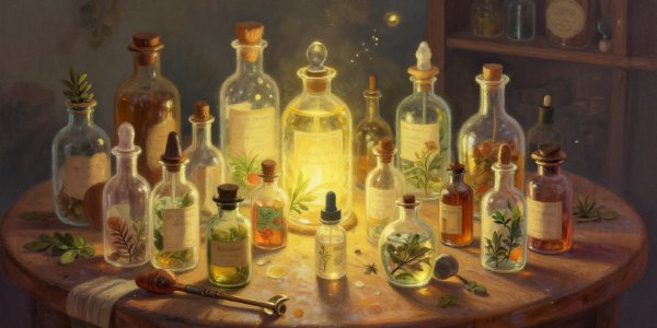 An apothecary table of glowing glass bottles holding herbs and tinctures, with an old key and dried plants