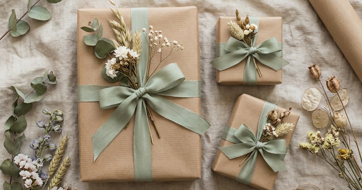 Kraft paper parcels tied with sage green ribbon and dried flowers, arranged on linen with scattered dried blooms