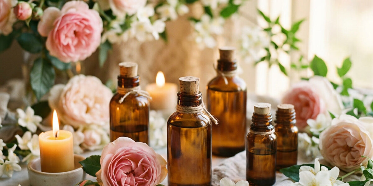 Amber essential oil bottles and lit candles surrounded by pale pink roses and white jasmine in soft window light
