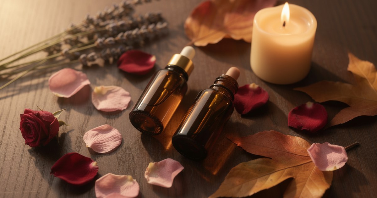 Two amber glass dropper bottles lying on a dark wood table among scattered pink and deep red rose petals, with a single red rose and dried lavender stems to the left, dried autumn oak and maple leaves to the right and a lit cream pillar candle behind them