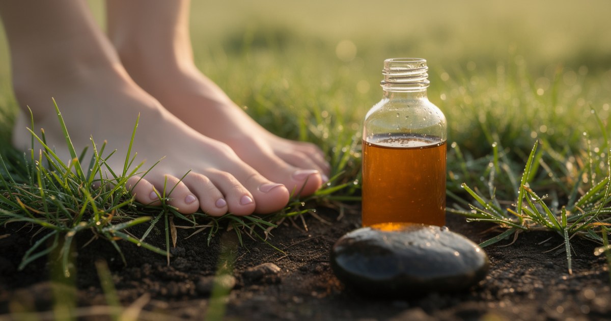 Bare feet standing on dewy grass beside an amber bottle resting on a smooth stone in morning light