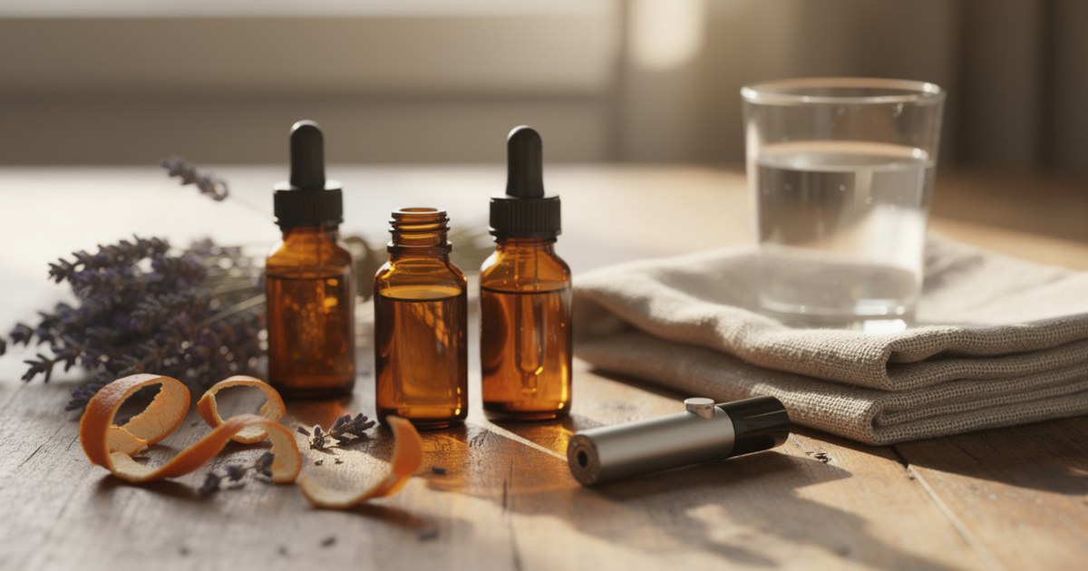 Three amber dropper bottles on a wooden table beside a glass of water, folded linen, dried lavender and curls of citrus peel