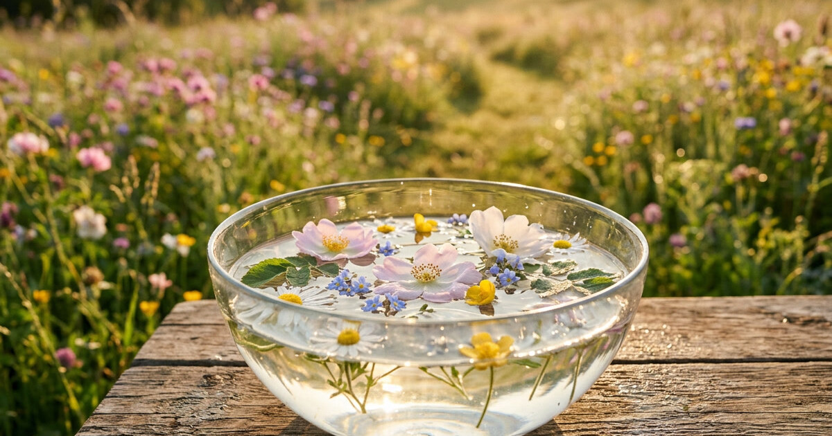 A glass bowl of water with flowers floating on the surface, set on weathered wood in a sunlit meadow of wildflowers