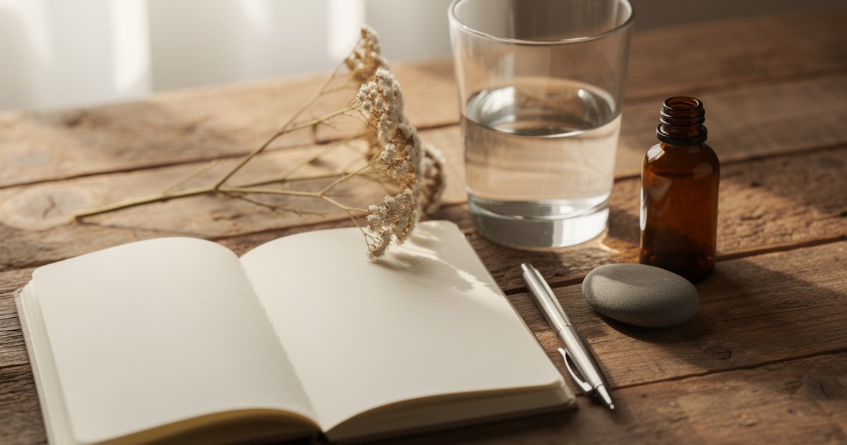 An open blank notebook on a rustic wooden table beside a glass of water, an amber bottle, a smooth grey stone and a dried flower stem
