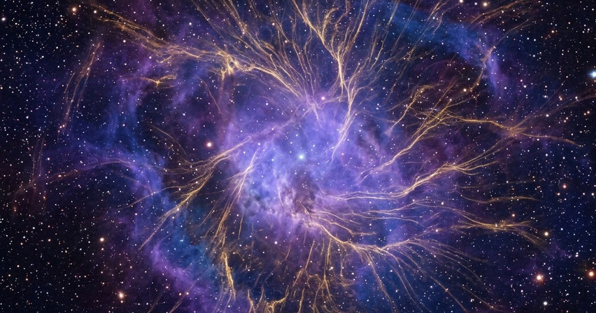 A deep space nebula of violet and gold filaments scattered with stars