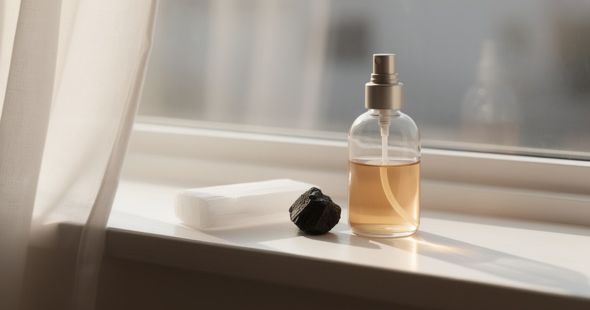 A glass spray bottle of pale liquid on a bright windowsill beside its cap and a white cloth