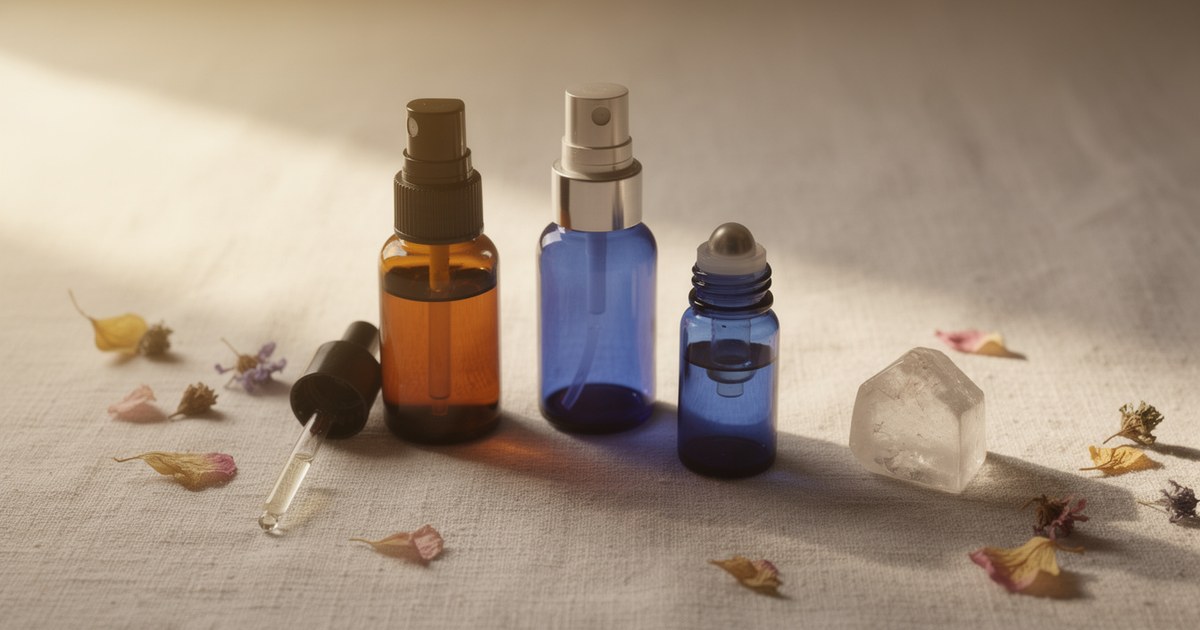 An amber spray bottle, a blue spray bottle and a blue rollerball bottle on a pale surface with scattered dried petals and a clear quartz point