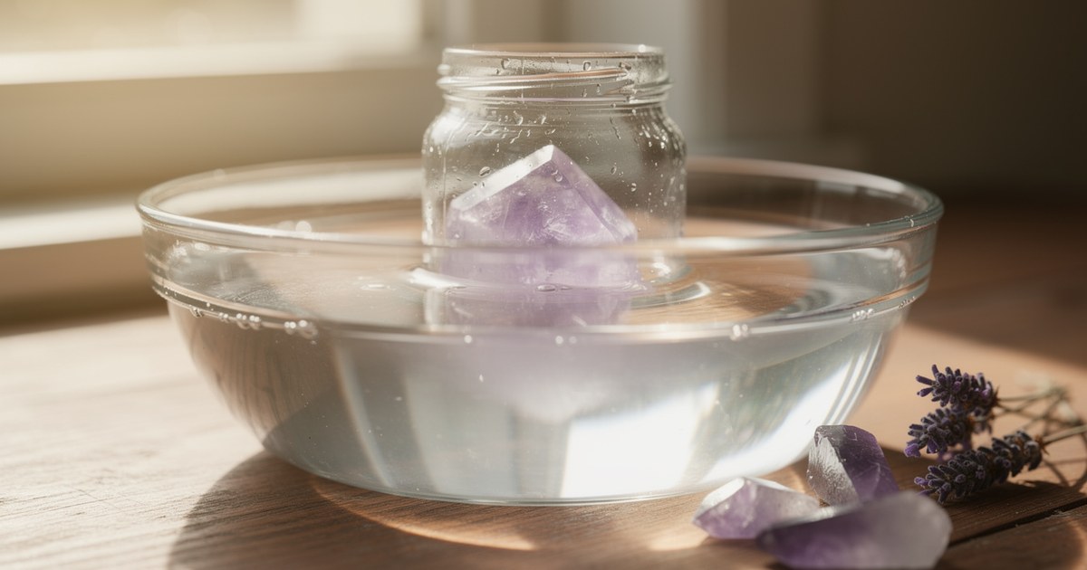 A raw amethyst point resting in a glass jar set inside a wide bowl of water, with more amethyst and dried lavender on the table