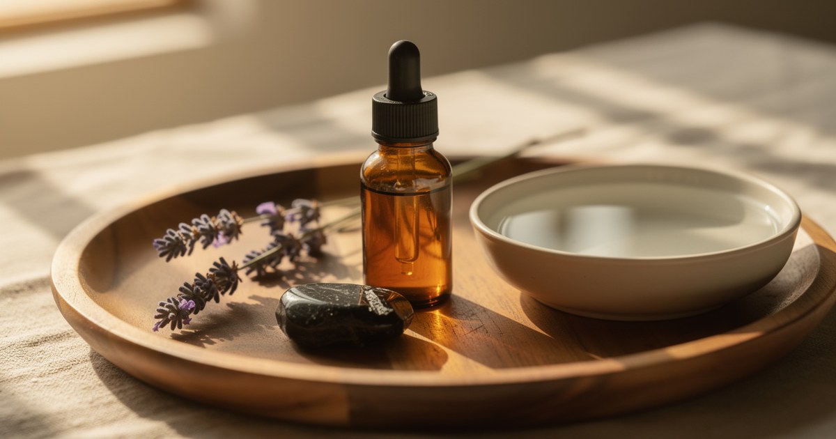 An amber dropper bottle and a shallow bowl on a round wooden tray with lavender sprigs and dark polished stones