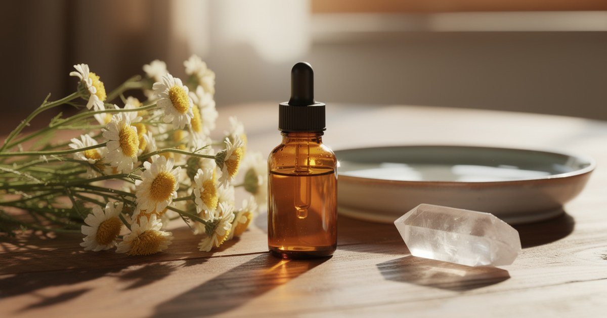 An amber dropper bottle on a sunlit table with a spray of white daisies, a shallow ceramic dish and a clear quartz point