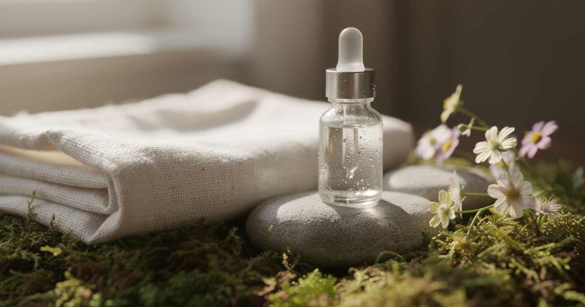 A clear dropper bottle standing on a smooth grey stone beside folded white towels, moss and small white daisies