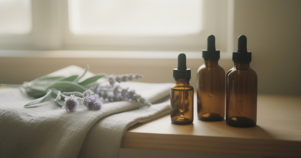 Three amber dropper bottles on a windowsill beside a folded cloth, fresh sage leaves and dried lavender