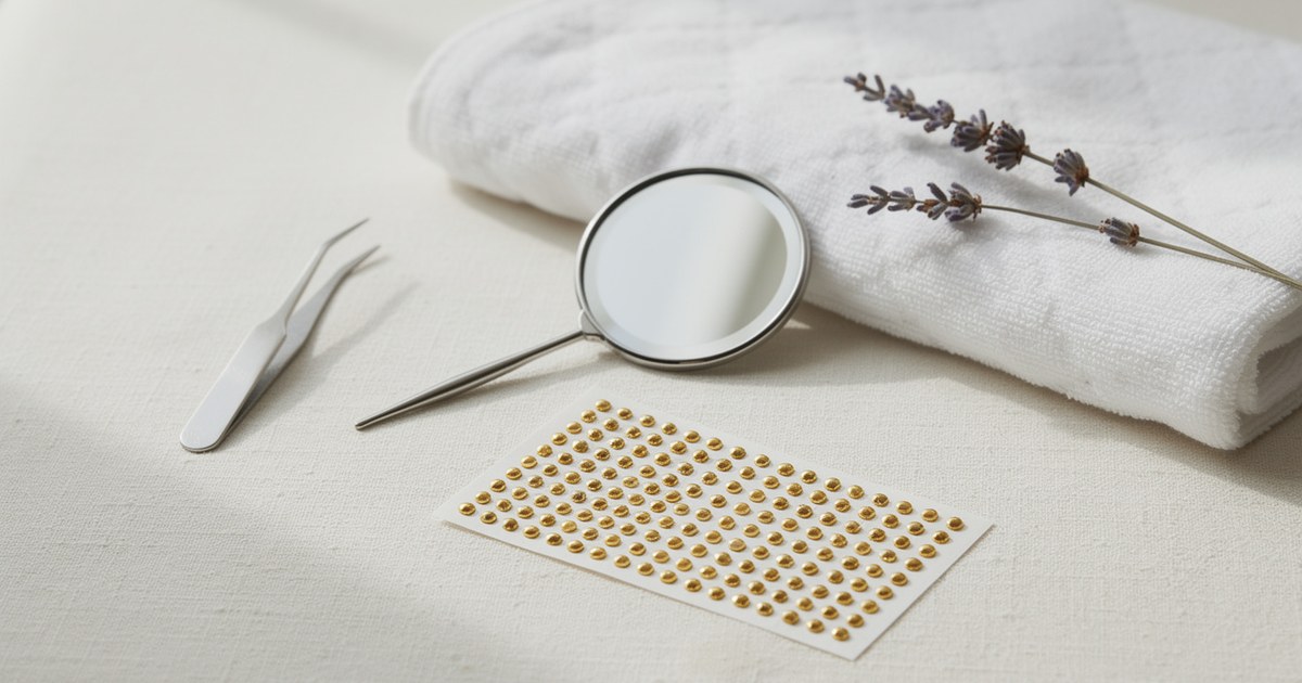 A sheet of gold ear seeds on adhesive backing beside tweezers, a small round mirror, a folded white towel and dried lavender