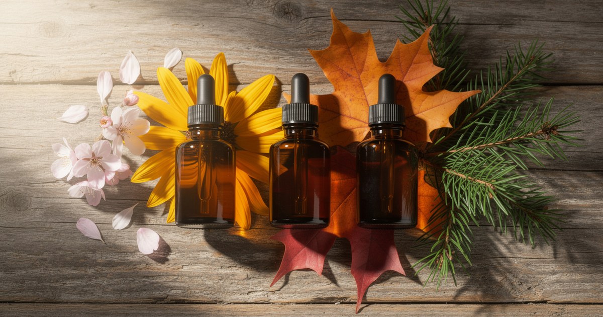 Three amber dropper bottles on a wooden plank surrounded by a sunflower, an orange maple leaf, pine sprigs and scattered petals