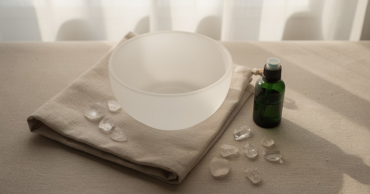A white frosted bowl on folded linen beside a dark green dropper bottle and scattered clear crystal chips