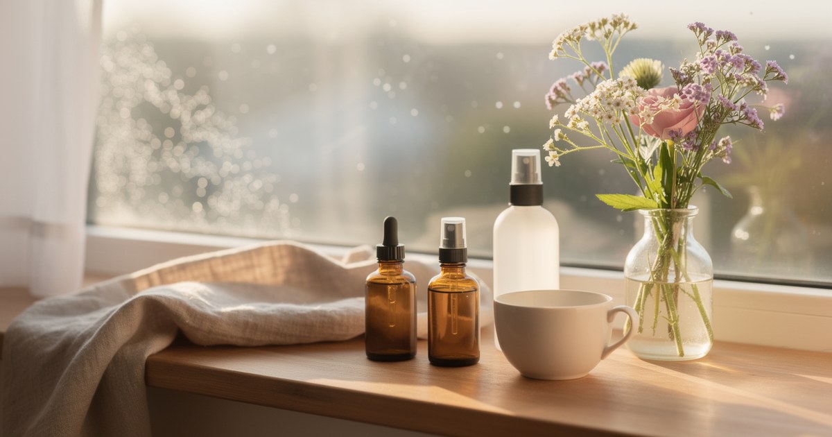A wooden windowsill holding two amber dropper bottles, a white pump bottle, a ceramic cup and a glass jar of pink and white wildflowers