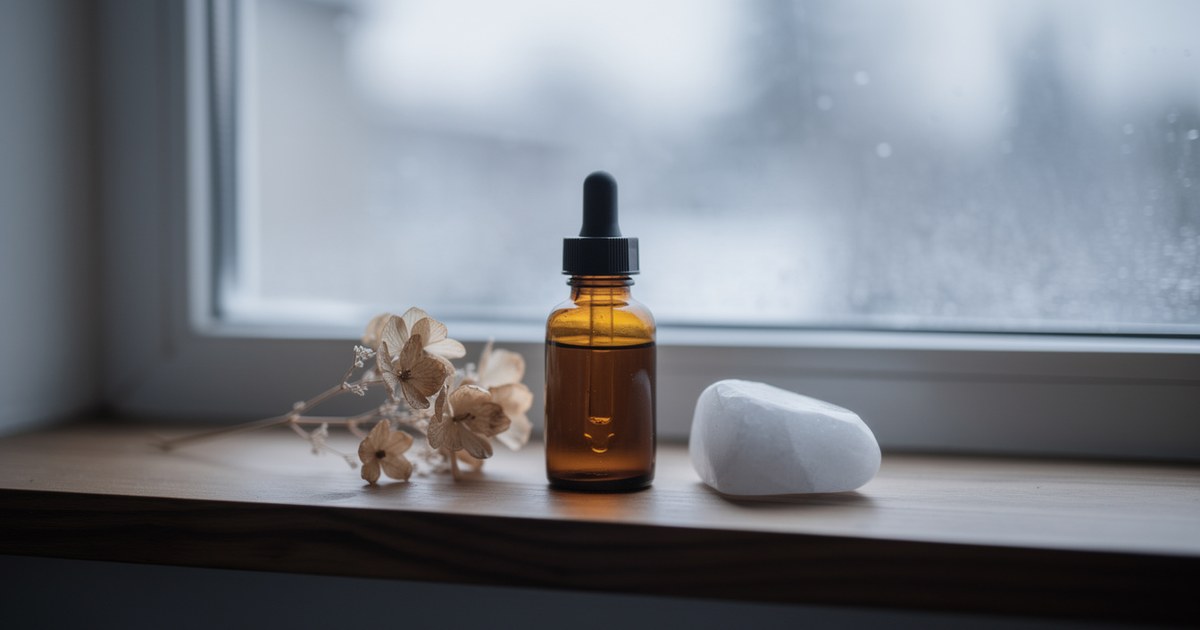 An amber dropper bottle on a wooden sill in front of a rain-blurred window, beside dried white blossoms and a smooth white stone
