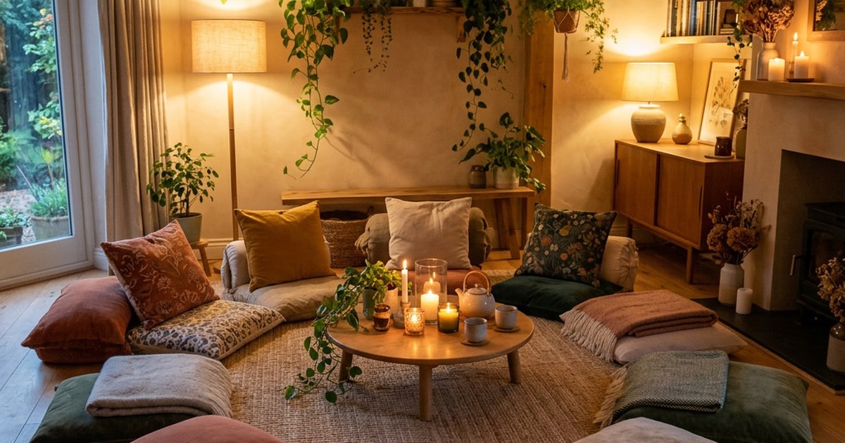 A warm living room with floor cushions, trailing plants and lit candles on a low round table