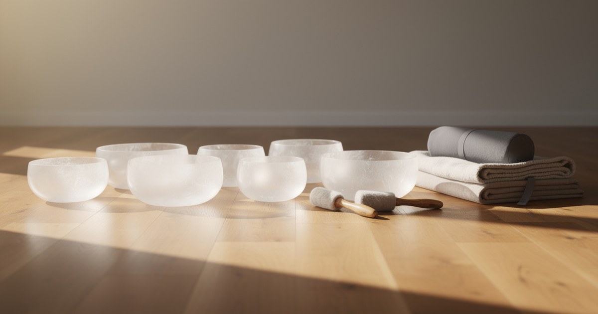 A row of frosted crystal singing bowls of different sizes on a pale wood floor beside a mallet and folded blankets