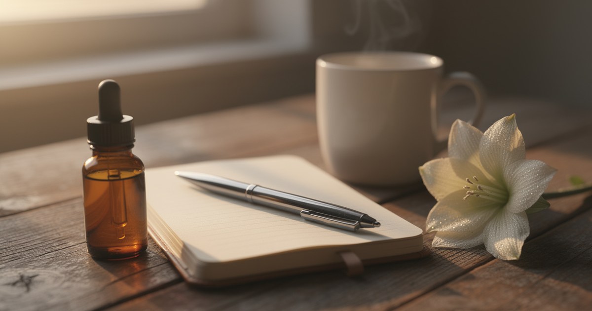 An amber dropper bottle on a closed notebook with a pen, beside a mug and a single white lily on wood