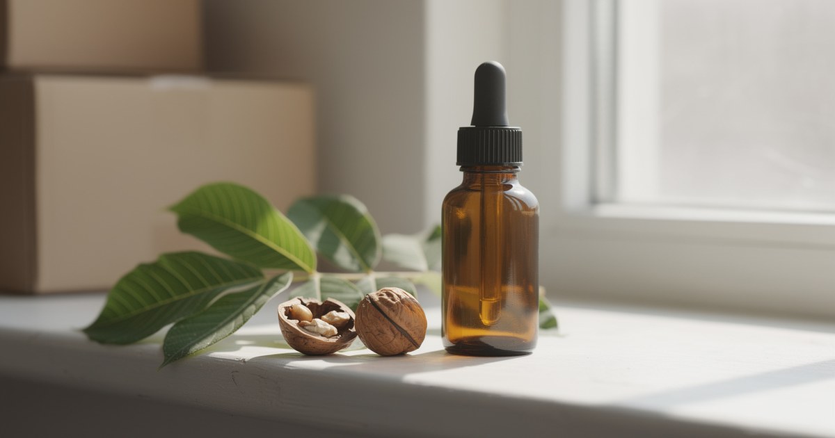 An amber dropper bottle on a bright windowsill beside fresh green walnut leaves and two shelled walnuts