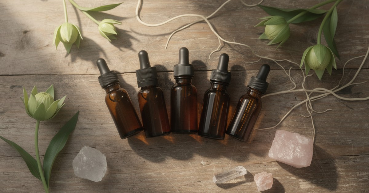 Five amber dropper bottles laid in a row on weathered wood among pale green tulip buds, twine and rough quartz pieces