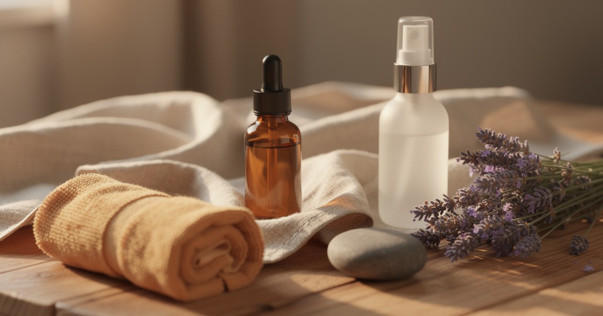 An amber dropper bottle and a white spray bottle with a gold collar on a wooden surface, with a rolled tan towel, a folded cream cloth, a smooth grey stone and fresh lavender sprigs