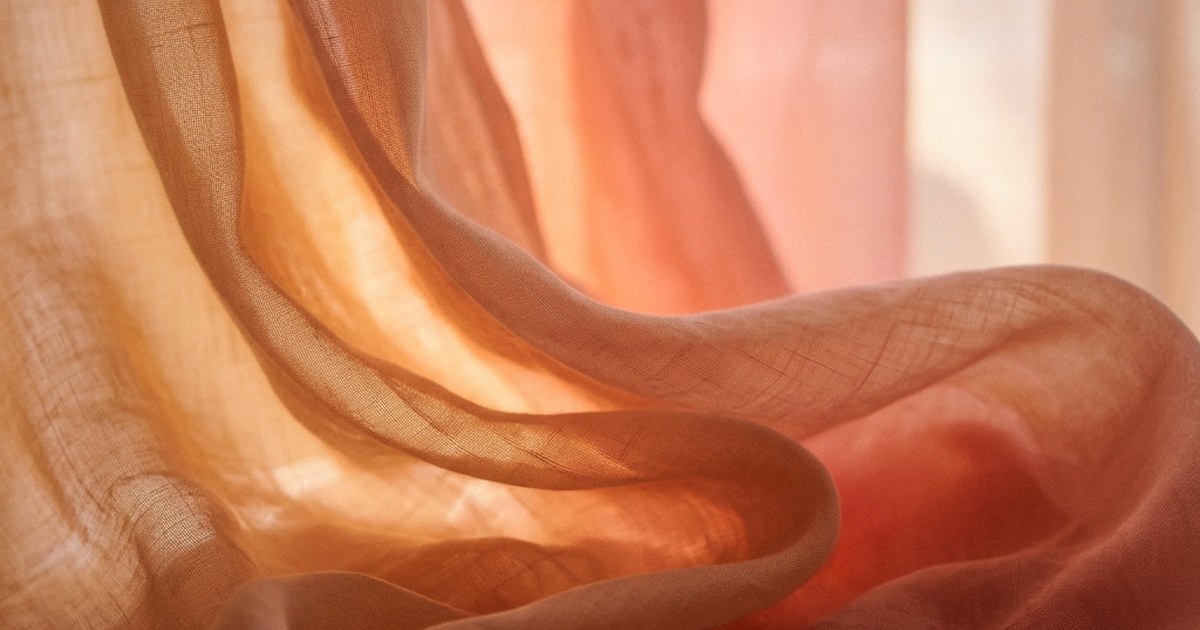 Soft folds of sheer peach and coral fabric lit from behind, filling the frame