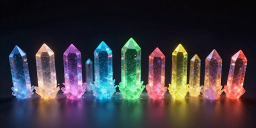 A row of glowing translucent crystal points in rainbow colors against a dark background